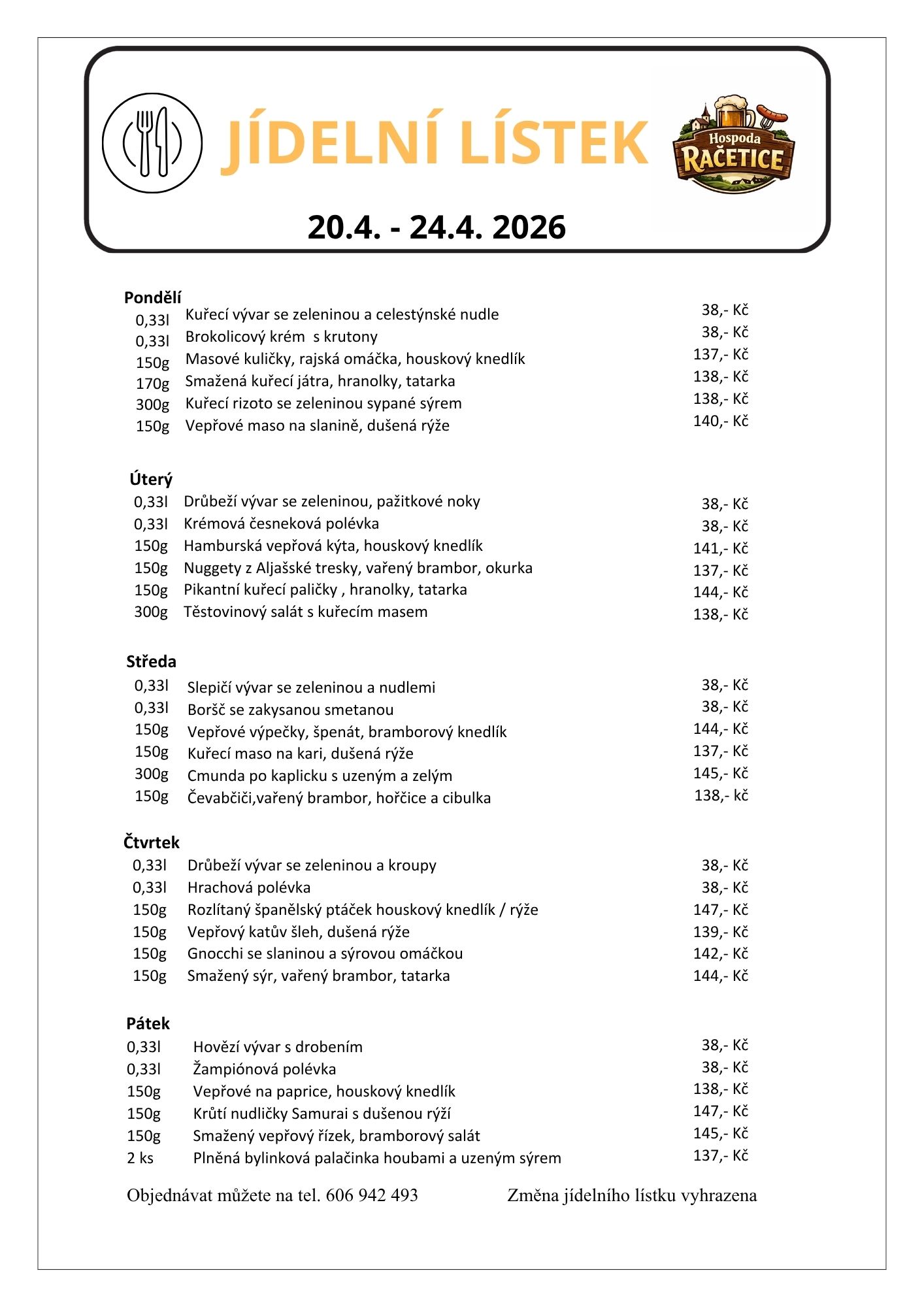 Jídelní lístek - příští týden